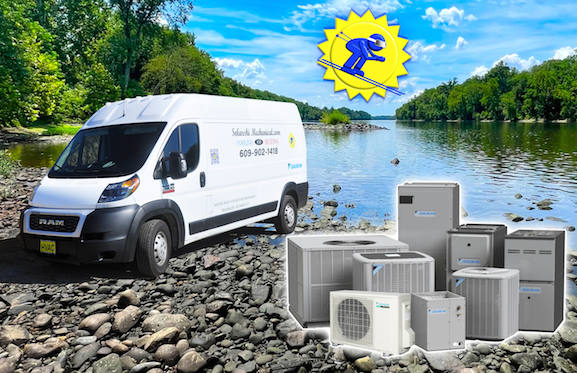 Heating and Air Conditioning Units Over a Scenic Photo of Burlington County NJ